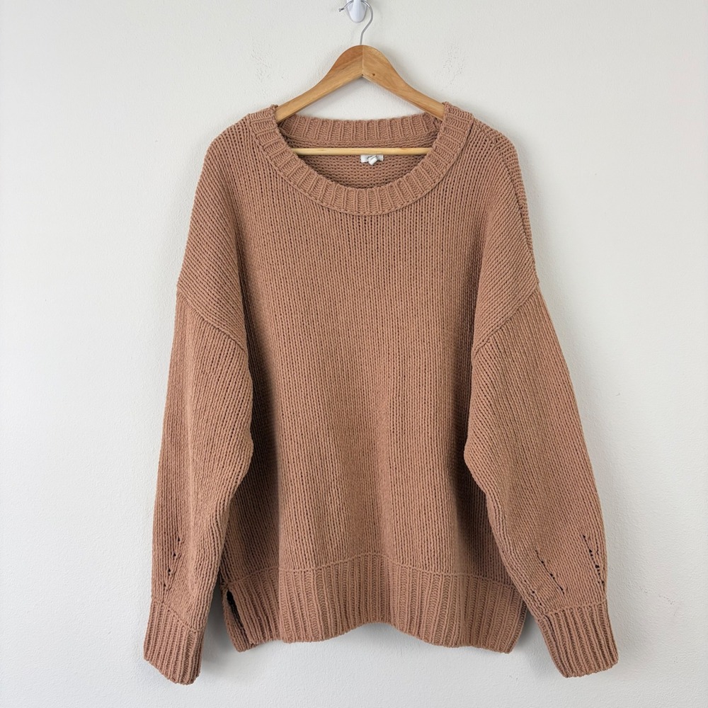 Cozy Aerie Oversized Chenille Ribbed Crew Neck Sweater Clay Brown Large